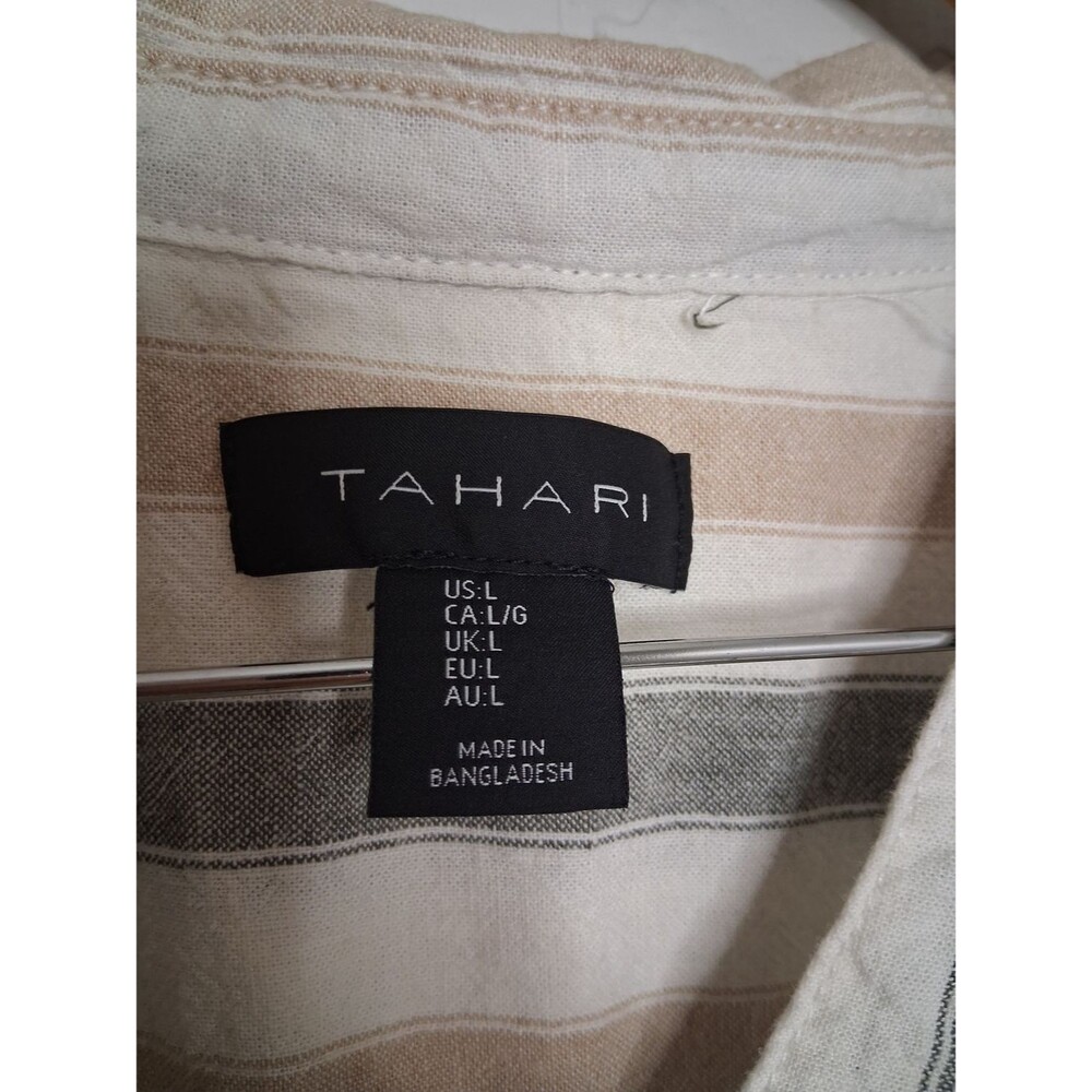 Tahari Linen Blend Striped Button Front Tunic Blouse Women's Sz L Beige Gray Tan - Picture 3 of 9